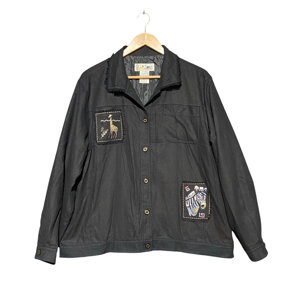C.A. Sport Vintage Women's Black 100% Silk Animal Patch Safari Jacket Size Large